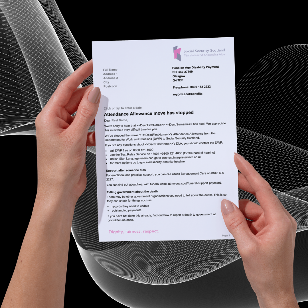 Redesigned Social Security Scotland benefit letter, held in hands