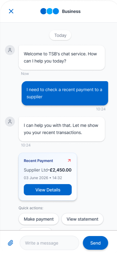 TSB chat wireframe — recent payment flow
